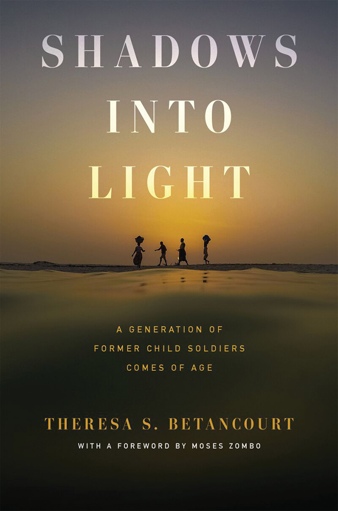 The cover of the "Shadows into Light" book, showing the shadows of four figures against a orange and blue-ish sky.