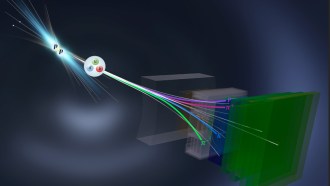 An illustration shows two protons colliding and producing another particle, which decays to create particle tracks.