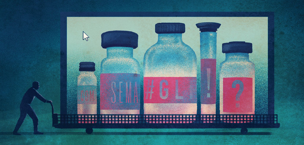 Digital art in which a shadowy individual is pushing a cart containing giant medicine bottles